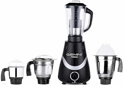 Gemini Necklace 750W Mixer Grinder with 3 Stainless Steel Jars and 1 Juicer Jar (1 Wet Jar, 1 Dry Jar and 1 Chutney Jar), Black-Silver.Make in India(ISI Certified)