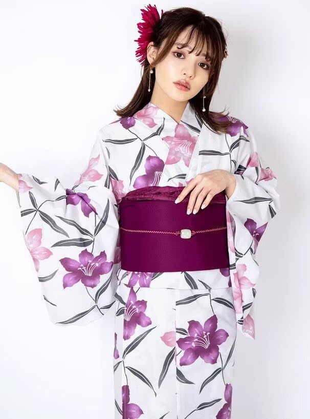 Women's Yukata Summer 2-Pieces Set Blossom Breathable 100% Cotton Japanese Style Floral Print Obi Belt Kimono2