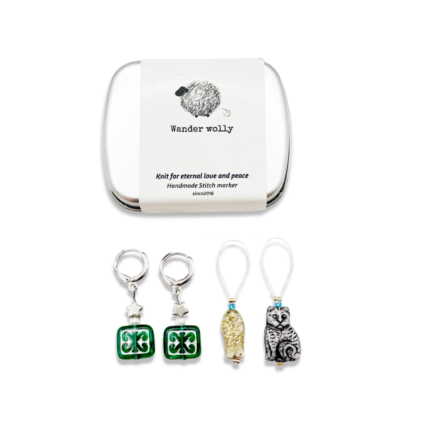 Wander wolly Handmade Stitch Markers for Knitting and Crochet, Two Green Floral Removable Rings, Gold-Edged Fish and Gray Cat Closed Ring, with Storage Case.