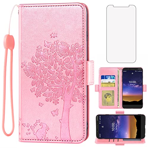 Asuwish Compatible with Nokia C2 Tava/2C Tennen/2V Tella Wallet Case and Tempered Glass Screen Protector Flip Wrist Strap Cell Phone Cover for Nokia 2 V V2 Tella NokiaC2Tava C2Tava US Women Rose Gold