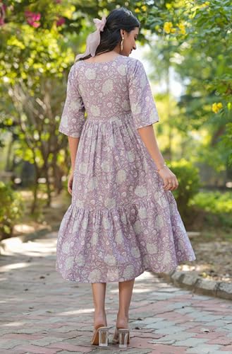Image of Janasya Women's Pure Cotton Floral Printed Tiered Dress
