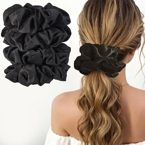 Lolalet 4 Grand Chouchous Cheveux en Satin Diamètre 15CM, Grosse Élastique en Soie Scrunchie, Chouchou Cheveux Colorés pour Femme Fille Cheveux Épais/Fins/Bouclés...