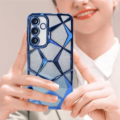 Image of VONZEE Gradient Glitter Designer Case for Samsung S25 Plus, Luxury Electroplated 3D Cube, Diamond Bling Shiny Soft TPU Clear Shockproof Women Girls Protective Phone Cover (Blue)