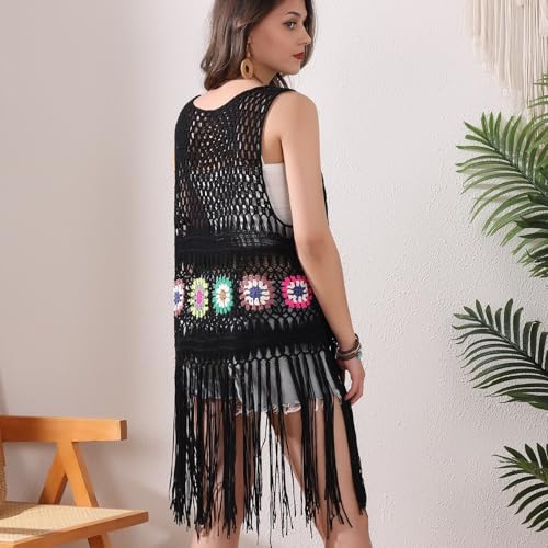Image of Women's Floral Crochet Hollow Out Sleeveless Fringe Boho Retro-Look Handmade Cardigan Vest Tassels