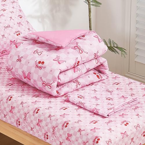 Image of lasoftan Toddler Bedding Set, Toddler Bed Comforter Sets for Girls, Toddler Bed Set, Pink Cherry Printed
