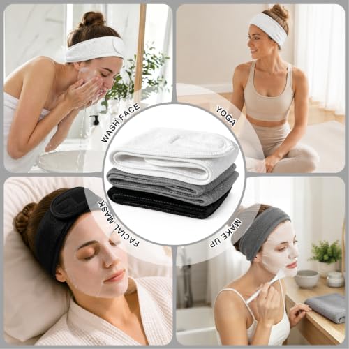 Image of Whaline 3Pcs Spa Facial Headband Make Up Wrap Head Terry Cloth Headband Adjustable Washable Towel for Face Washing Shower Skincare Facial Treatment Sport Fits Makeup (White, Black, Gray)