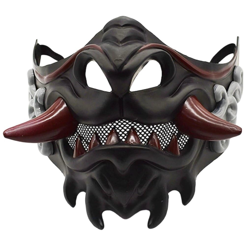 Sanfly Men's Black Samurai Oni Half Face Masks Plastics Hannya Mask Japanese Mask For Halloween Costume Cosplay Party Props