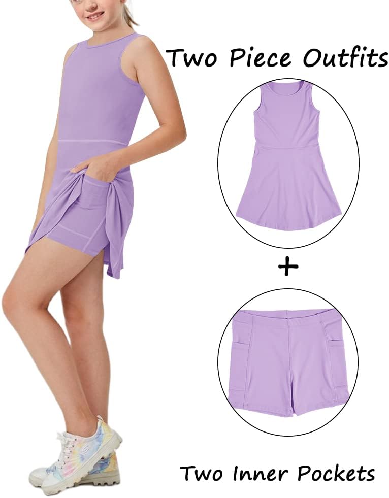 Aurgelmir Girls Crewneck Sleeveless Tennis Dresses Kids Workout Cute Outfits Tank Golf Dresses with Shorts Pocket - Image 4