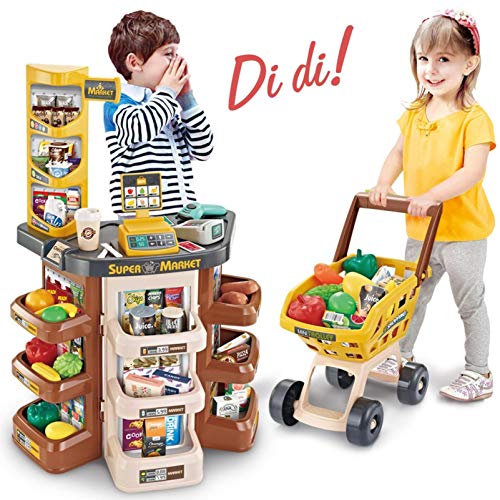 Pomobie Kids Role Play Supermarket Stall Toy Set, Children Superstore Grocery Play Shop with Scanner and Shopping Trolley of Vegetables, Fruits, Food, Cart Accessories, Best Gift for Boys and Girls