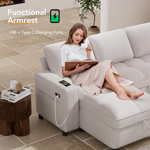 Image of Vipbear 81 inch Modular Sectional Sleeper Sofa with Pull Out Bed, L Shaped Couch with Reclining Backrest, Reversible Storage Chaise, USB Ports, Tool-Free Assembly, Chenille Beige