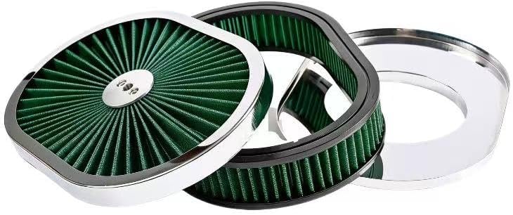 12"x2" Oval Green Air Cleaner Filter Assembly 5-1/8" Carb Neck w/Flow-Thru for Caburetor Lid High Flow Chrome Compatible With GMC Chevy Ford Chryler Dodge