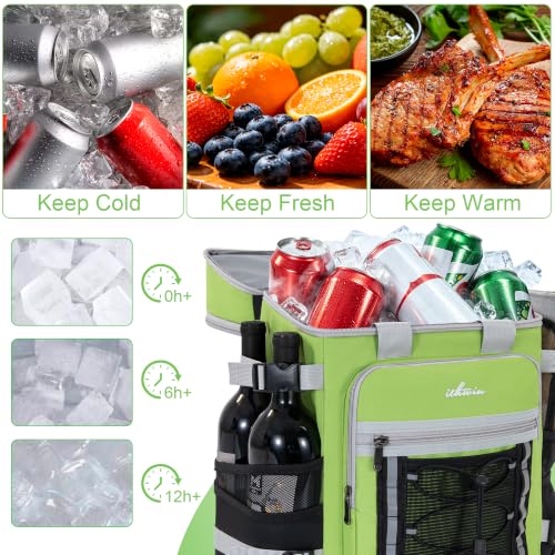 Image of Cooler Backpack Insulated Cooler Bag for Men & Women | 40 Cans Insulated Picnic Backpack with 2 Leak Proof Compartments for Picnic, BBQ Camping, Beach, Hiking, Green