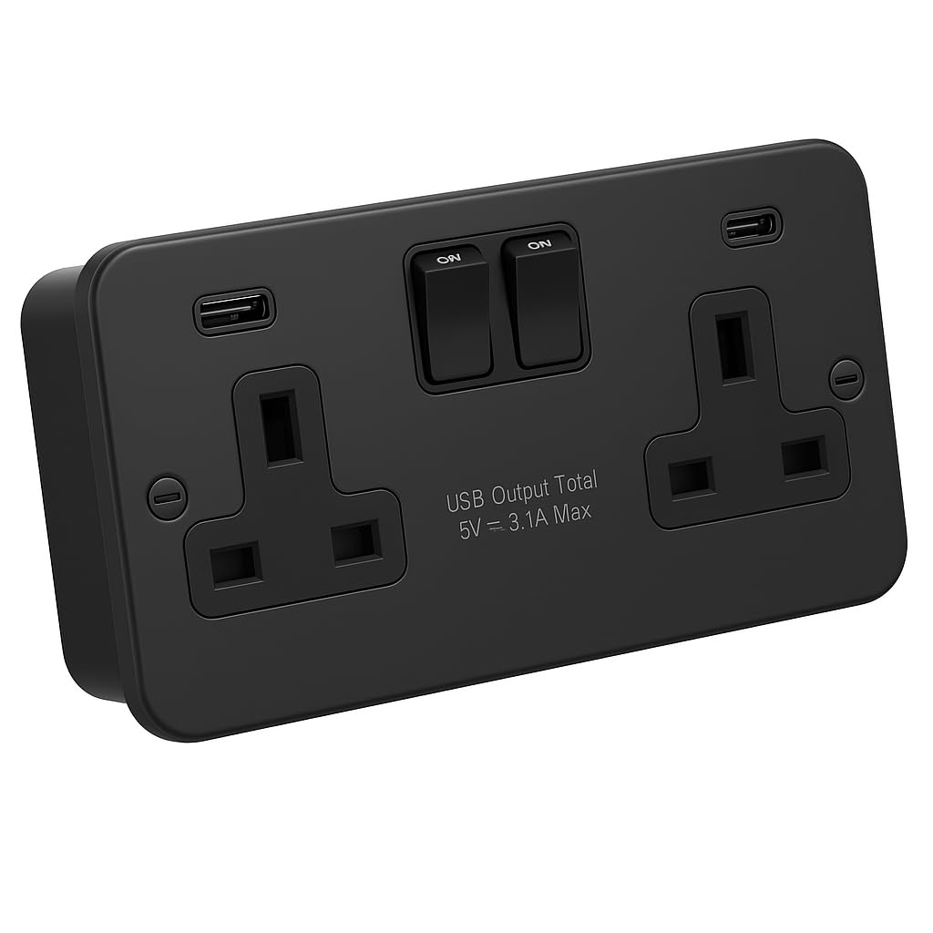 SH|P® 2 Gang Switched Socket with USB A+C (15W Fast Charge) – Matt Black Metal Clad | Durable, Industrial Finish | Ideal for Home, Garage, Workshop & Commercial Use — image 1