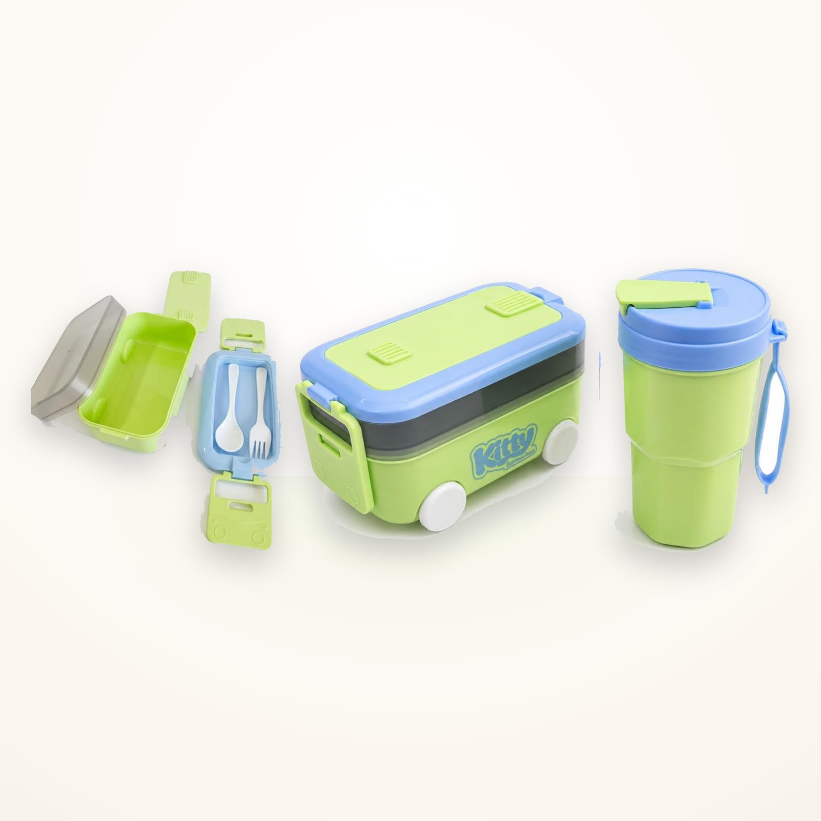 Kitty Kids Bus Lunch Box with Bottle Spoon Fork | Leakproof 2-Compartment Bento Tiffin for School Picnic Travel | BPA-Free Snack Box Boys Girls (Green)-image-8