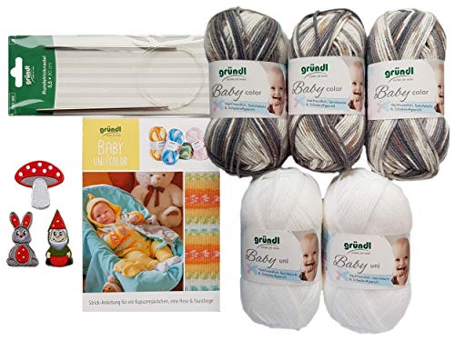 5 X 50 grammi Gründl Baby Uni/Color cotone SB  Pack cotone set con istruzioni di maglia 08 Grau Mix