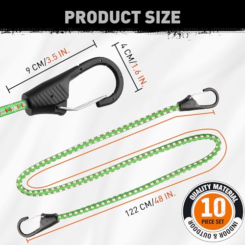 Image of HORUSDY 10-Piece Premium Bungee Cords with Hooks, 40 inch Green Bungee Cords Assortment