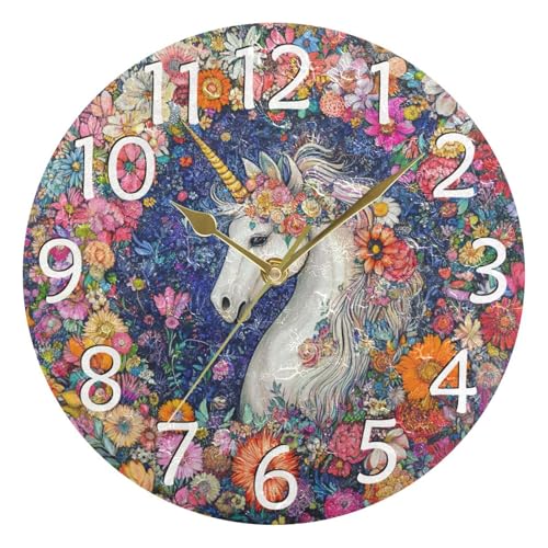 IRYULJX Unicorn Colorful Flower Silent Wall Clocks Battery Operated for Living Room 9.8 inch Non-Ticking Decorative Clock for Bedroom Wall Decor Home Study Room Office School