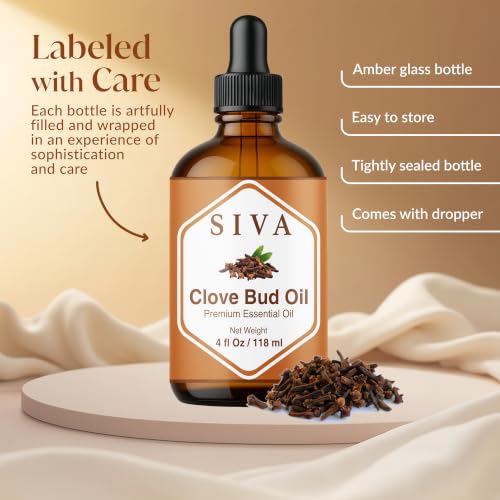 Image of Siva Clove Bud Essential Oil, Glass Bottle with Dropper, 4 Fl Oz (118 ml) | Clove Bud Oil for Diffuser, Humidifier, Home Fragrance, Oral Care, Body Massage, Soap Making, Candle Making & DIY Projects