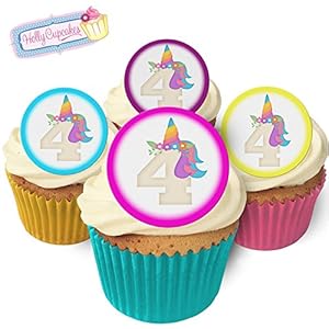 24 Fabulous Pre-Cut Edible Wafer Cake Toppers: Unicorn Birthday Number 4