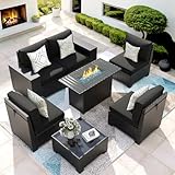 VONZOY 7 Piece Patio Furniture Set with Fire Pit Table, Outdoor Sectional Conversation Sets Black Wicker Rattan Sofa with Coffee Table for Patio Garden Backyard, 4'' Thickened Cushion Black