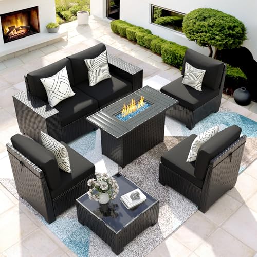 VONZOY 7 Piece Patio Furniture Set with Fire Pit Table,
