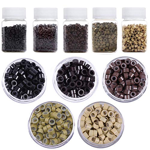 Kalolary 2500 PCS Perline con micro anelli, 5mm anelli di collegamento micro in silicone per estensioni dei capelli a punta Strumento per le estensioni dei capelli in piume (5 colori)