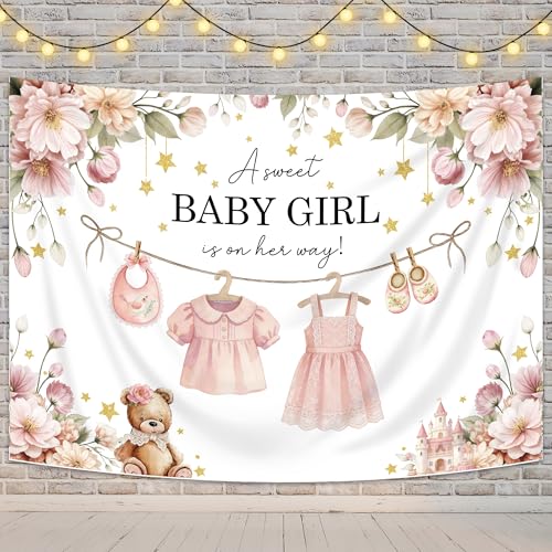 Fondo fotográfico Baby Girl con flores y estrellas, 7x5 pies miniatura 2
