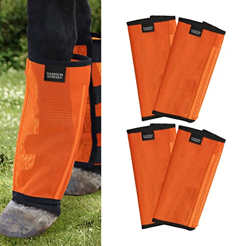 Harrison Howard Loose Fitting Fly Boots UV-Protective Extra Tough Mesh Ventilated Four Fasteners Stay-on Design Protect Horse Legs & Stomp-Reducing Set of 4 Orange Large