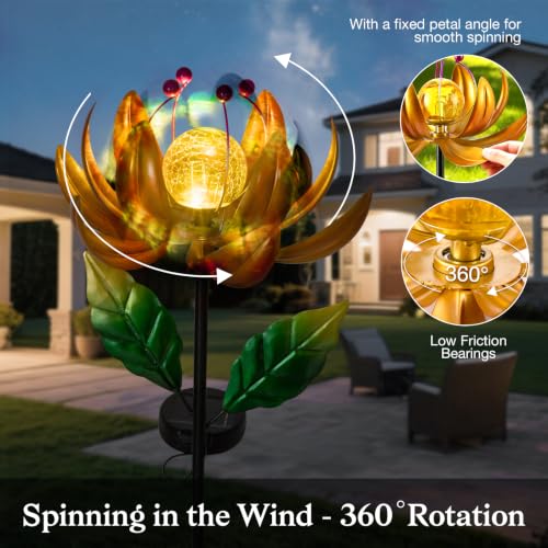 Image of Garden Decor for Outside Solar Wind Spinners for Yard-Metal Lotus Flower Windmills LED Crackle Glass Globe Outdoor Garden Decor Yard Art Lawn Ornament