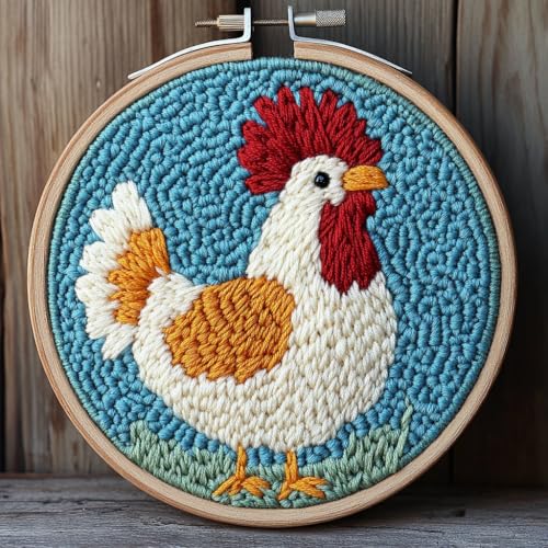 Image of DIY Punch Needle Kits Cute Cartoon Rooster with Hoop 20x20cm-1