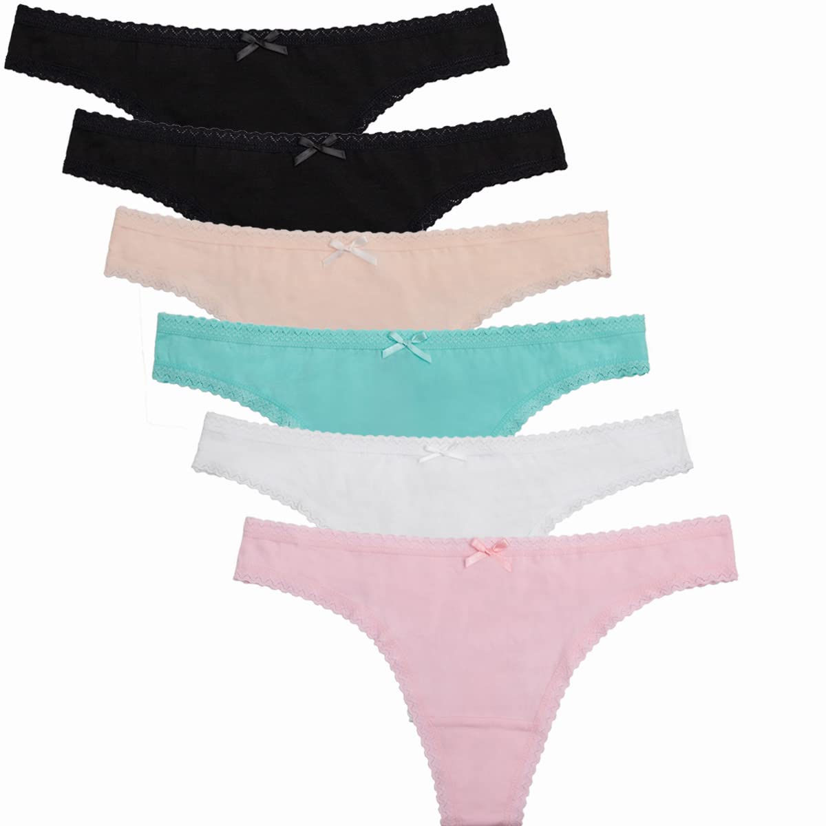 HORIOLWomen's Cotton Thongs Lace Trim Seamless T-Back Panties Pack of 6