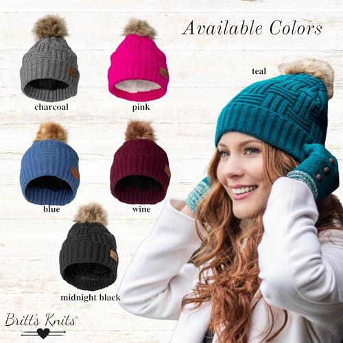 Britt's Knits Women's Plush-Lined Knit Hat with Pom4