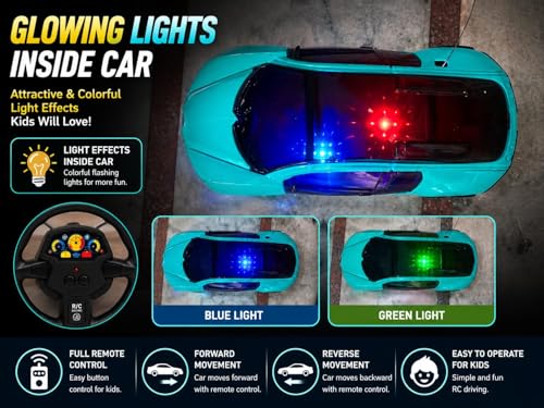 Image of High Speed RC Racing Car with Steering Wheel Remote, Featuring 3D Light Effects, Forward & Reverse Motion, Battery Operated, Easy to Operate for Kids, Indoor Outdoor Fun.