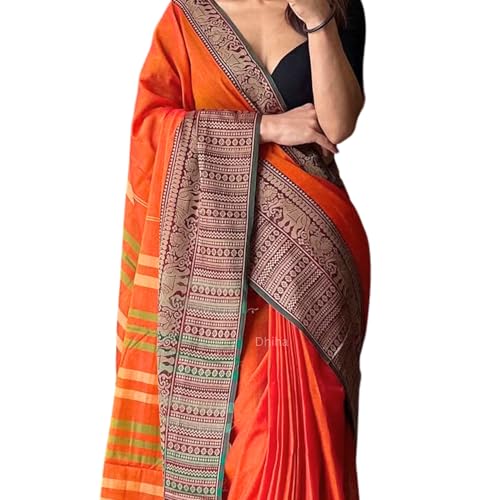 Image of Narayanpet Pure Cotton Avani Border Saree for Women with Running Blouse | Tassels | Traditional Woven Solid Design | Handloom Weave