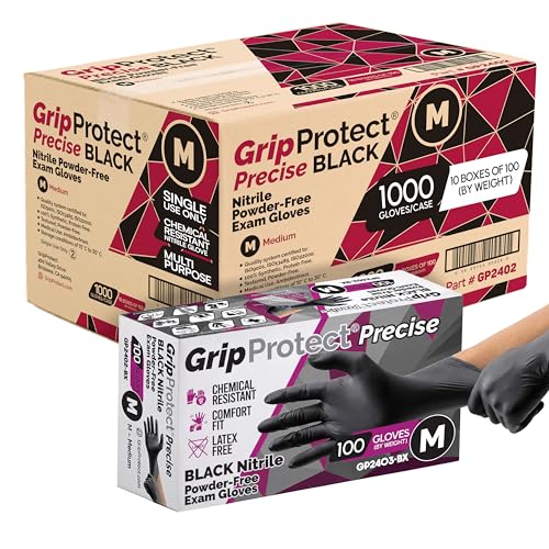Image of GripProtect Precise Black Nitrile Gloves 4 Mil, Chemical Resistant Gloves | Textured Grip for Mechanics, Tattoos, Food Prep & Cleaning - Medical Grade Disposable Gloves, Medium Bulk Case of 1000