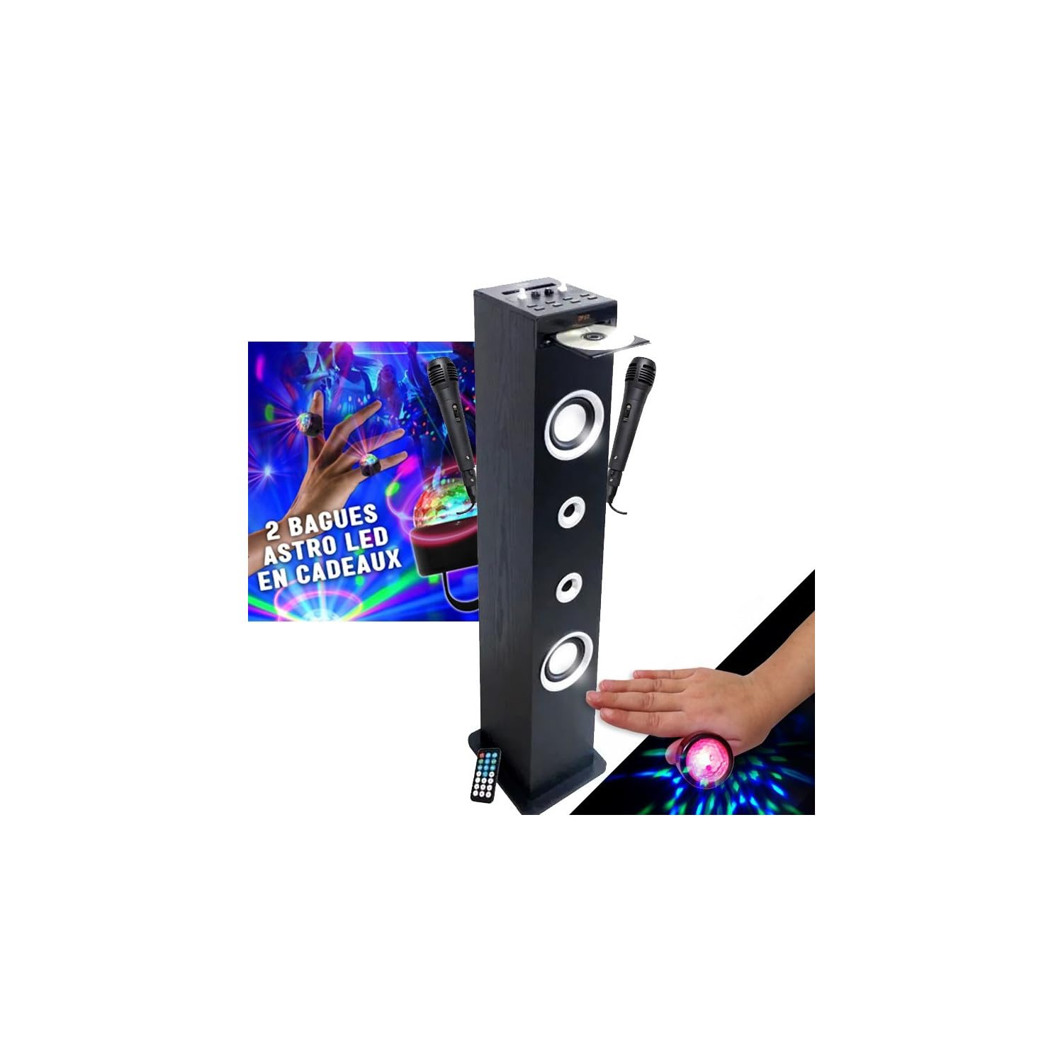 INOVALLEY - Torre de sonido para reproductor de CD Karaoke HP49CD, 100 W USB Bluetooth Radio 2 micrófonos + soportes, anillos LED en regalos