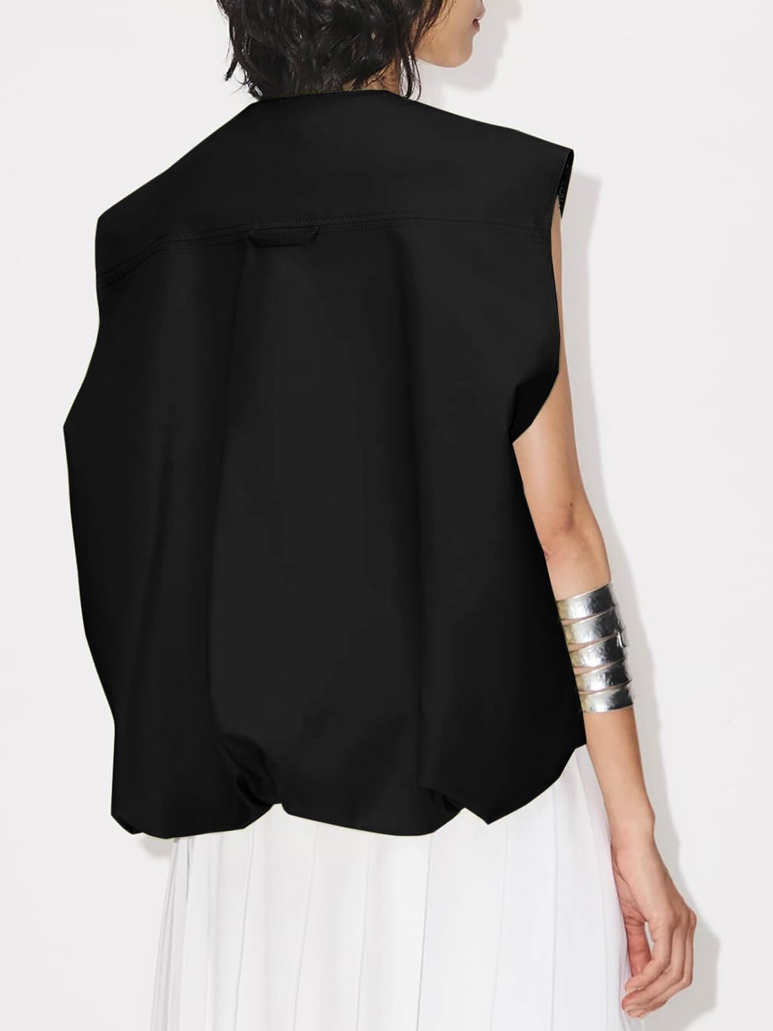 JAWINT Chaleco cargo casual con cremallera para mujer, cuello redondo, dobladillo fruncido, sin mangas, blazer
