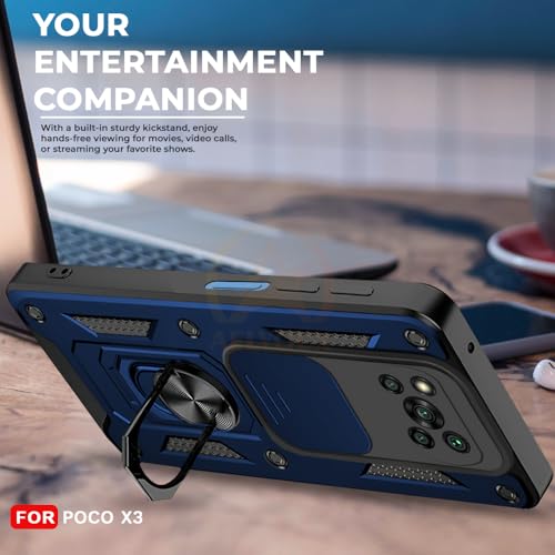 Image of Armor Bumper Back Cover Case for Poco X3 Rotating Camera Cover, Ring Holder & Kickstand | Heavy Duty & 360 Degree Protection Poco X3 Back Cover (Blue)