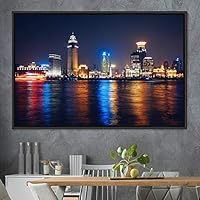 Framed Canvas Wall Art City Illuminations Aerial Cityscape Contemporary Multicolor Photography Places Realism Ultra Urban - 16x24 inches