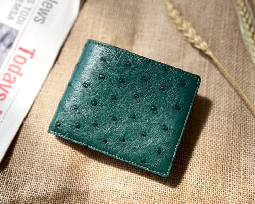 Image of HATA Green Ostrich Leather Bifold Wallet for Men, Double-Sided Ostrich Billfold with RFID Blocking, Handmade Leather Wallet Gift for Birthday, Anniversary, Father's Day VINAMOS-08