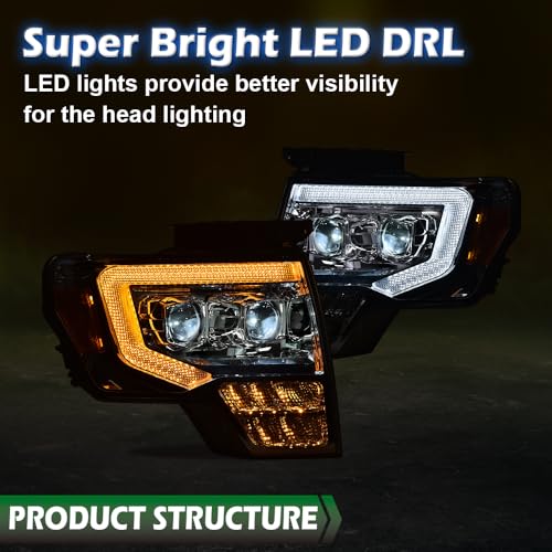 Image of GRAND ORANGE LED Tube Headlights Assembly, Compatible with 2009-2014 Ford F150 LED Tube Dual Projector Headlights Assembly with Switchback(Smoky lens Chrome Housing Amber Reflector)