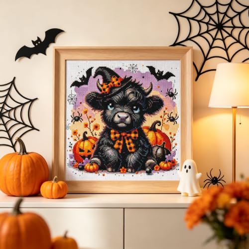 Image of Eterkosu Halloween Cow Stamped Cross Stitch Embroidery Kits Arts and Crafts | Pumpkins Needlepoint Counted Cross Stitch Kits for Beginner Adult Crossstitching Printed Dimensions Patterns Stitch