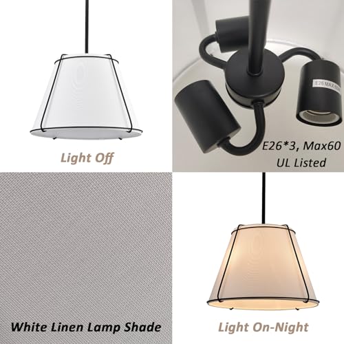 Image of Modern 3-Light 16 inch Black Pendant Light White Linen Drum Adjustable | Industrial Chandelier with Metal Frame, Sloped Ceiling Compatible for Bedroom Dining Room Kitchen Island Living Room