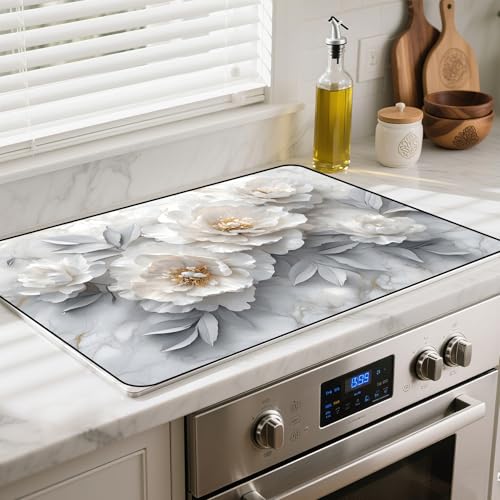 Image of Stove Top Cover for Glass Electric Stove (Peony, 30 inch x 21 inch) | Heat Resistant Cooktop Protector Mat with Non-Slip Rubber Backing, Scratch Protection and Counter Space Mat