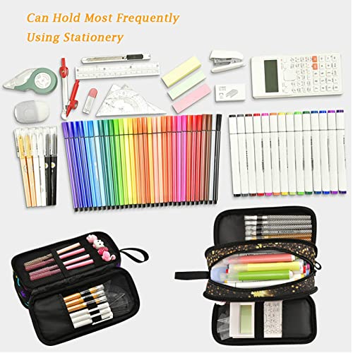 Image of Fustylead Fashion Shiny Paris Stars Large Pencil Pen Case Stationery Bag, 3 Compartments School College Office Desk Organizer Storage Pouch Marker for Teen Boys Girls Students-Black