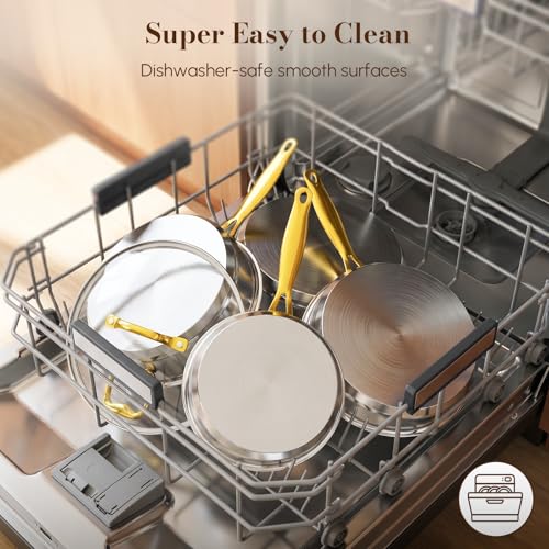Image of Stainless Steel Cookware Set, Tri-Ply Pots and Pans Set, 20 Piece Kitchen Cooking Utensils Set with Lids, Gold Grip Handles, Induction, Oven, Non-Toxic, Dishwasher Safe, Professional Chef Quality