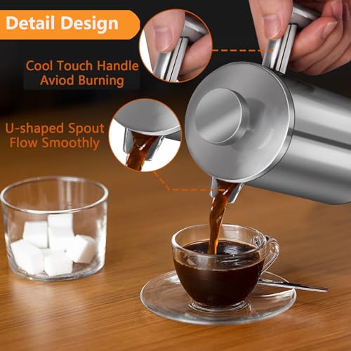 Image of French Press Coffee Maker, 600ml /20oz Silver Stainless Steel Coffee Press, Double-Wall Insulated, Food Grade & Rust-Free, Included 2 Extra Filters, Dishwasher Safe