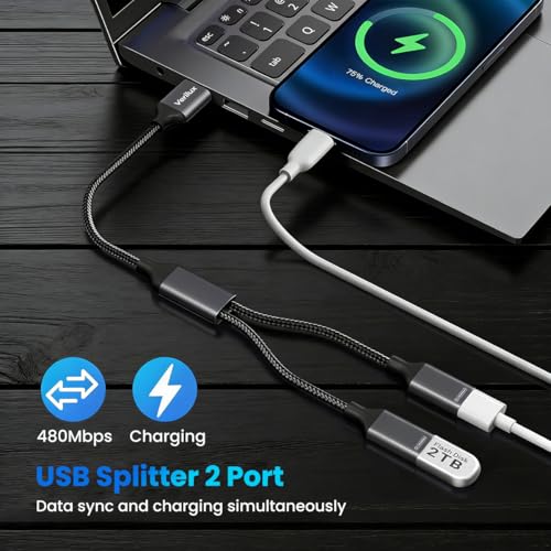 Image of Verilux USB Splitter 1 in 2 Out, 2-in-1 A to A Cable with A Double Dual Port for Charging & 480Mbps Data Sync, Fast Speed USB 2.0 Splitter Adapter for Laptop, PC, Smart TV, Desktop, Mac, PS