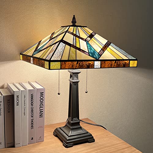 Capulina Tiffany Table Lamp 2-Light 16" Wide Cream Amber Mission Style Stained Glass Desk Lamp For Bedrooms Living Room Study Office #TOP1