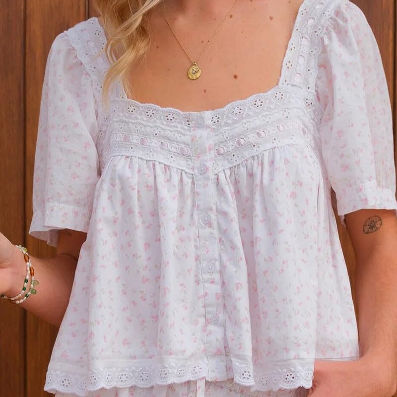 Image of ROAONOCOMO Women Floral Pajama Set Ruffle Puff Sleeve Peplum Shirt Coquette Pj Set Bow Babydoll 2 Piece Shorts Outfit